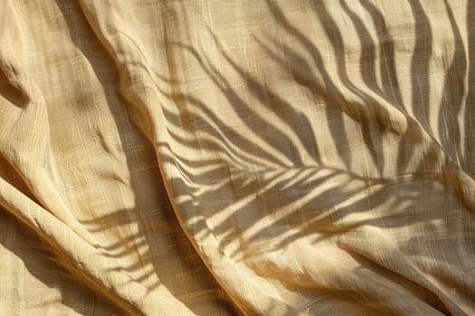 Beige textile surface with folds and shadows of palm leaves. Minimalistic, natural background. Nordic style backdrop. Generative AI