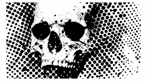 human skull halftone effect and vintage old dollar bills as background. black and white. Ai generative.