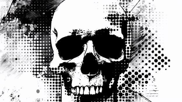 human skull halftone effect and vintage old dollar bills as background. black and white. Ai generative.