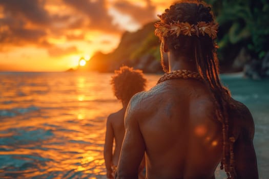 Portrait of a father and son on a tropical beach.