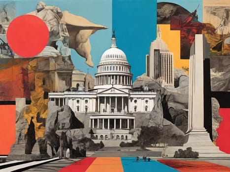 AI generated abstract collage of Washington DC landmarks in Dadaism style, Dali inspired.