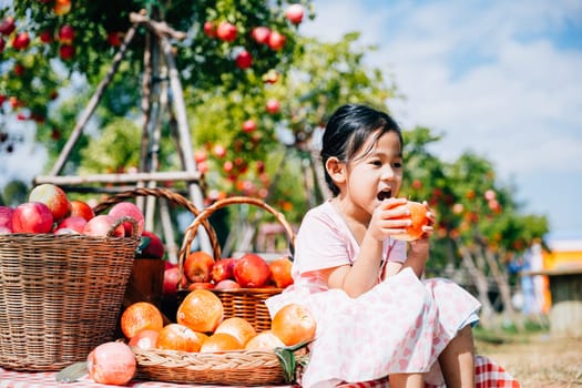 Amidst the orchard a smiling girl relishes an apple. Kids gather fruit in baskets on the sunny farm a cheerful portrait portraying the joy of apple picking and nature's freshness.