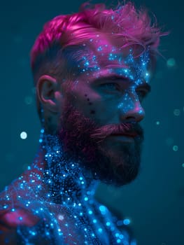 An artist with a jawdropping beard is illuminated by electric blue and magenta lights, captivating audiences with his performing arts entertainment