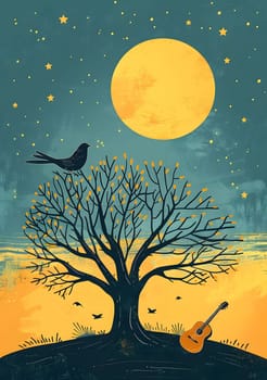 A painting of a tree with a bird perched on a branch and a guitar in front, creating a harmonious blend of nature and music in a serene natural landscape