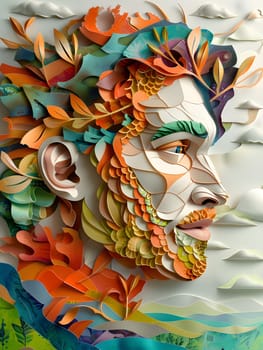 An imaginative illustration of a mythical characters face created from paper, showcasing the artists skill in watercolor painting and visual arts