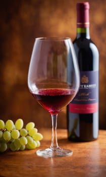 Glass of red wine and bunch of grapes on wooden table against bokeh background.