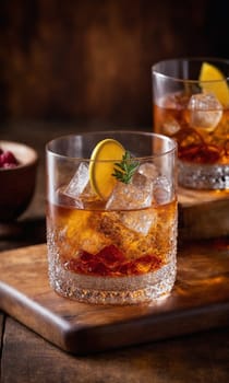 Whiskey with ice and lemon on old wooden table in bar.