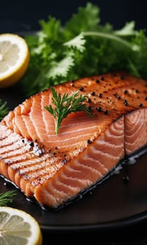 Fresh salmon fillet with dill and black pepper on black background.