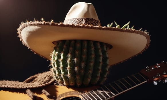 Guitar and cactus in a pot on a dark background.