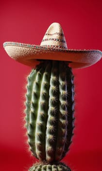 Mexican cactus with sombrero hat on red background