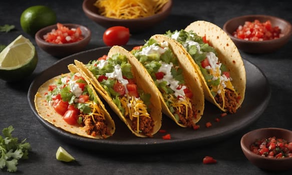 Plate with tasty tacos and ingredients on dark background, closeup.