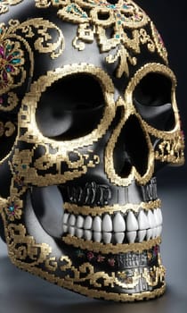 black and white image of a sugar skull on a black background