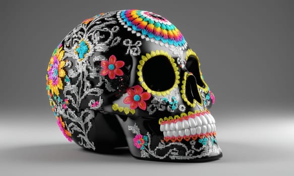 Mexican sugar skull with floral pattern on black background, closeup.