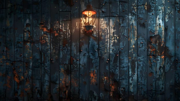 A wooden wall adorned with a lamp hanging from it, illuminating the natural landscape of grass and twigs in the darkness of midnight