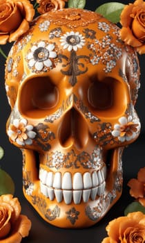 Day of the Dead skull with orange flowers and leaves on black background.