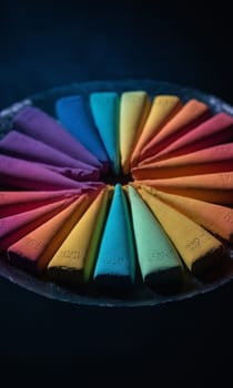 Colorful chalks on a black background. Selective focus