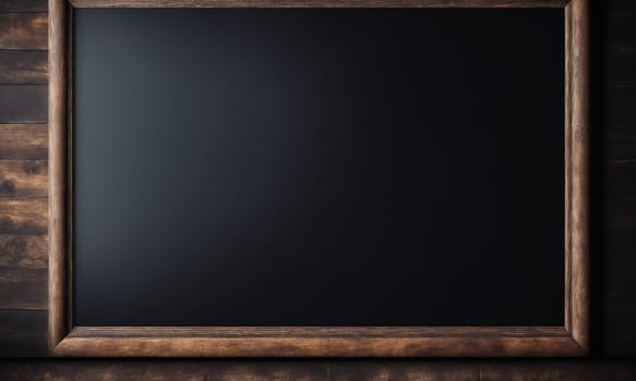 Blank blackboard with wooden frame on a dark wooden background