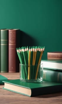 Pencils and notebooks on wooden table against green chalkboard background.