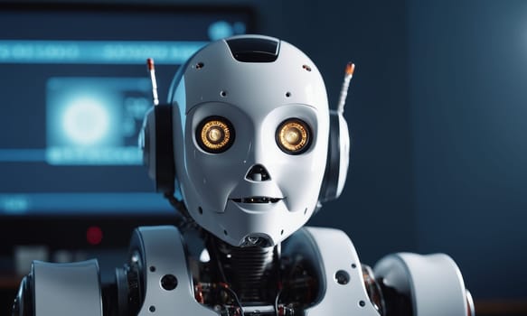 3D rendering of a robot boy studying in a modern school or sci-fi space.