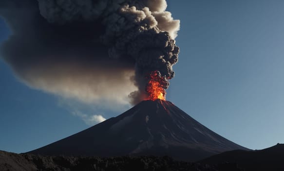 A strong eruption of a black volcano. Big column of smoke.