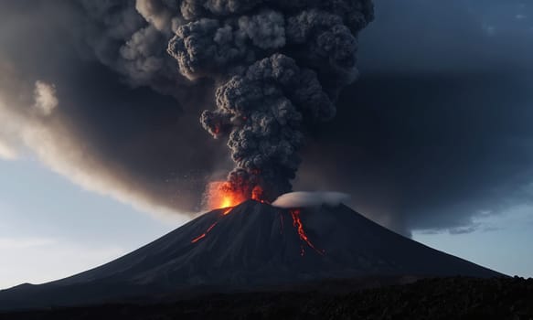 A strong eruption of a black volcano. Big column of smoke.