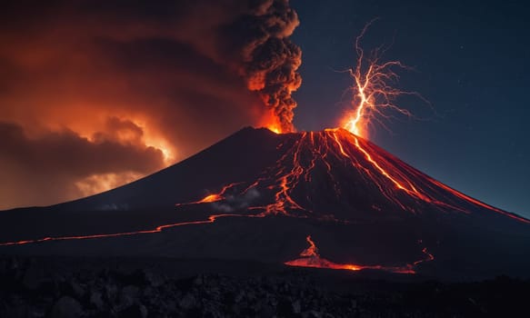 Strong volcanic eruption at night. Large column of smoke and flowing lava.
