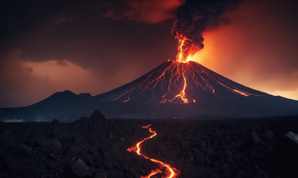 Strong volcanic eruption at night. Large column of smoke and flowing lava.