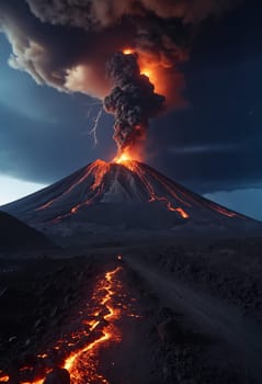 Strong volcanic eruption at night.