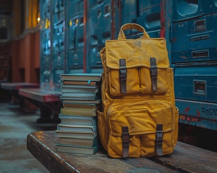 School backpack with books and supplies against a locker, symbolizing education and student life.