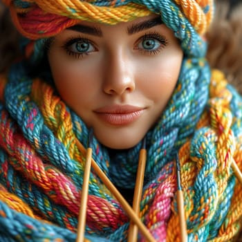 Knitting needles and colorful yarn crafting a warm scarf, symbolizing comfort and handmade art