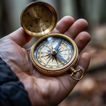 Hand holding a compass during a hike, symbolizing adventure and navigation.