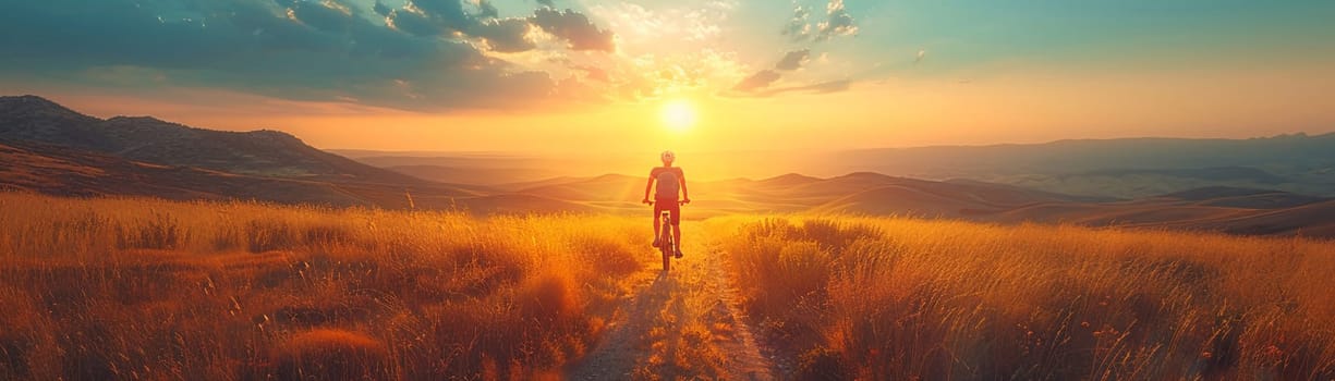 Bicyclist's shadow against the setting sun on an open road, capturing freedom and endurance