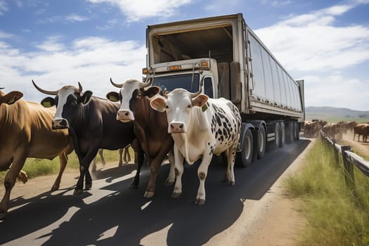 A group of cattle moving across a road in the path of an oncoming truck, creating a temporary roadblock in a rural area.
