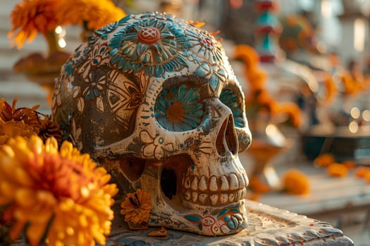 A skull statue placed next to a bunch of colorful flowers, contrasting the macabre with beauty in an intriguing display.