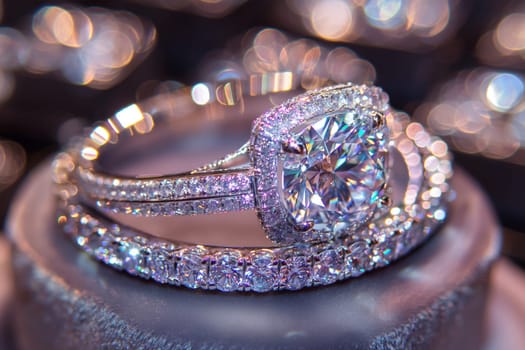 A detailed close-up of a sparkling diamond ring placed on a wooden table, showcasing its intricate design and brilliance.