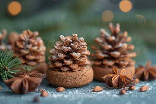 Several pine cones arranged neatly atop a wooden table, showcasing the natural beauty of these conifer seed structures.