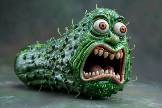 A detailed view of the green cucumber creature with its mouth gaping, showing off its intricate facial features and vibrant color.
