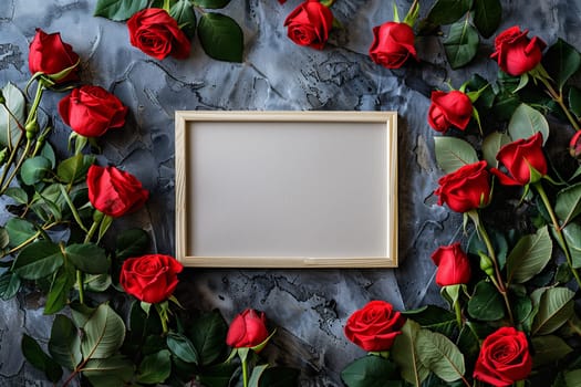 A picture frame is surrounded by vibrant red roses, creating a striking contrast between the delicate flowers and the elegant frame.