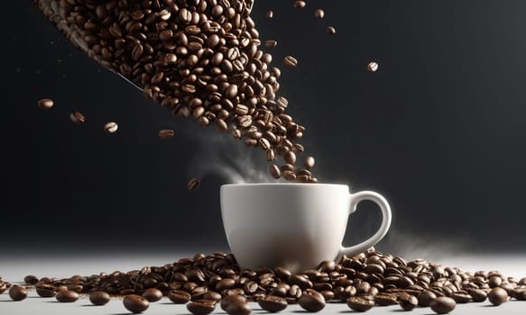 Coffee beans being poured into a white cup on a dark background.