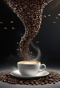 Cup of coffee with a tornado of coffee beans