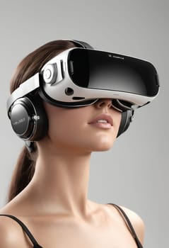 Young woman wearing virtual reality goggles on grey background. Future technology concept.