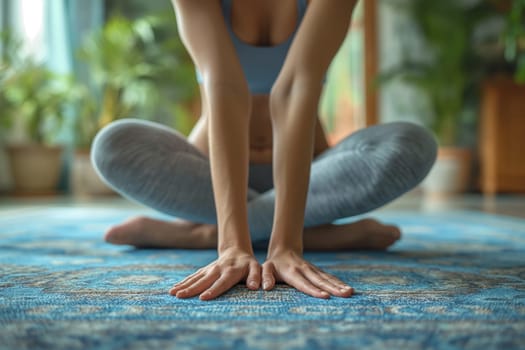 A woman is engaged in yoga poses on the floor, demonstrating flexibility and focus in her practice.