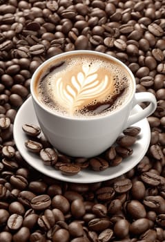 Coffee cup and coffee beans on a black background with smoke.