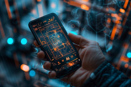 A man holds a smartphone with artificial intelligence technologies in his hands. Close-up.