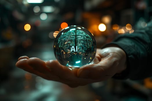 Businessman holding digital artificial brain with inscription - AI. artificial intelligence