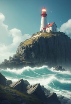 Lighthouse on a cliff in the middle of the ocean. Vintage style