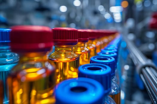 A row of vibrant bottles moving along a conveyor belt in a factory or production line setting. The bottles come in various colors, creating a visually striking display.