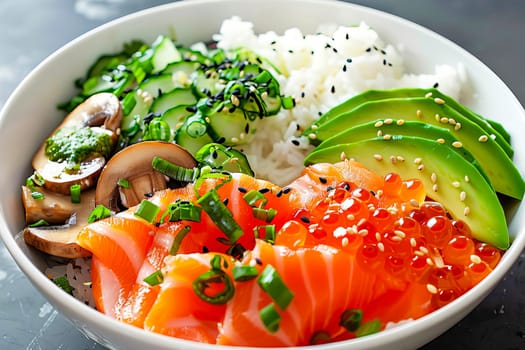 Bowl with salmon, avocado and other ingredients. Healthy food concept.