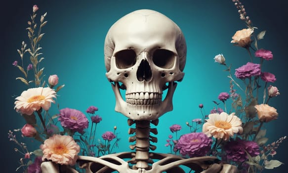 Skull and flowers on blue background. Halloween concept