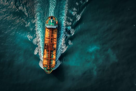 Aerial view of a boat cruising through the vast ocean waters, leaving a gentle wake behind it.